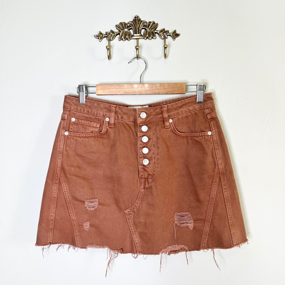 We The Free People Denim Mini Skirt Button‎ Front Size 30 Brown Distressed Raw
